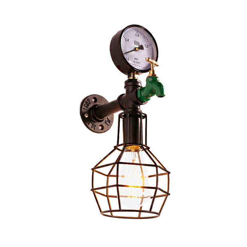 Vintage Wire Cage Wall Sconce Light 1 Bulb Metal Wall Mounted Lamp Fixture in Black with Water Tap and Gauge Deco
