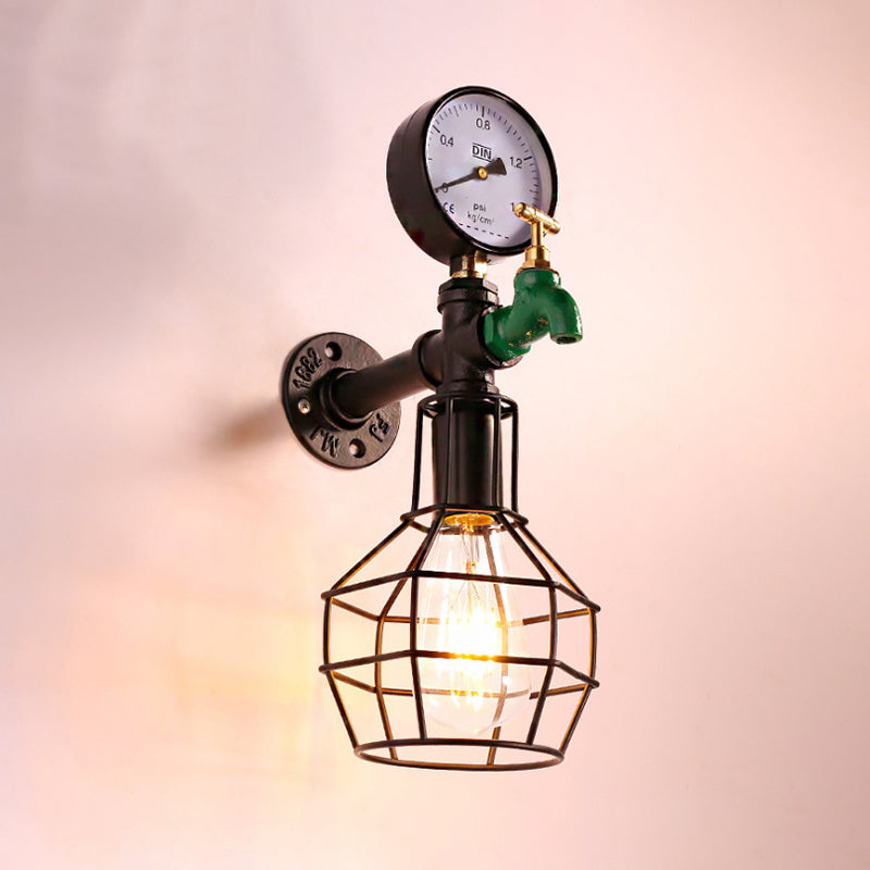 Vintage Wire Cage Wall Sconce Light 1 Bulb Metal Wall Mounted Lamp Fixture in Black with Water Tap and Gauge Deco