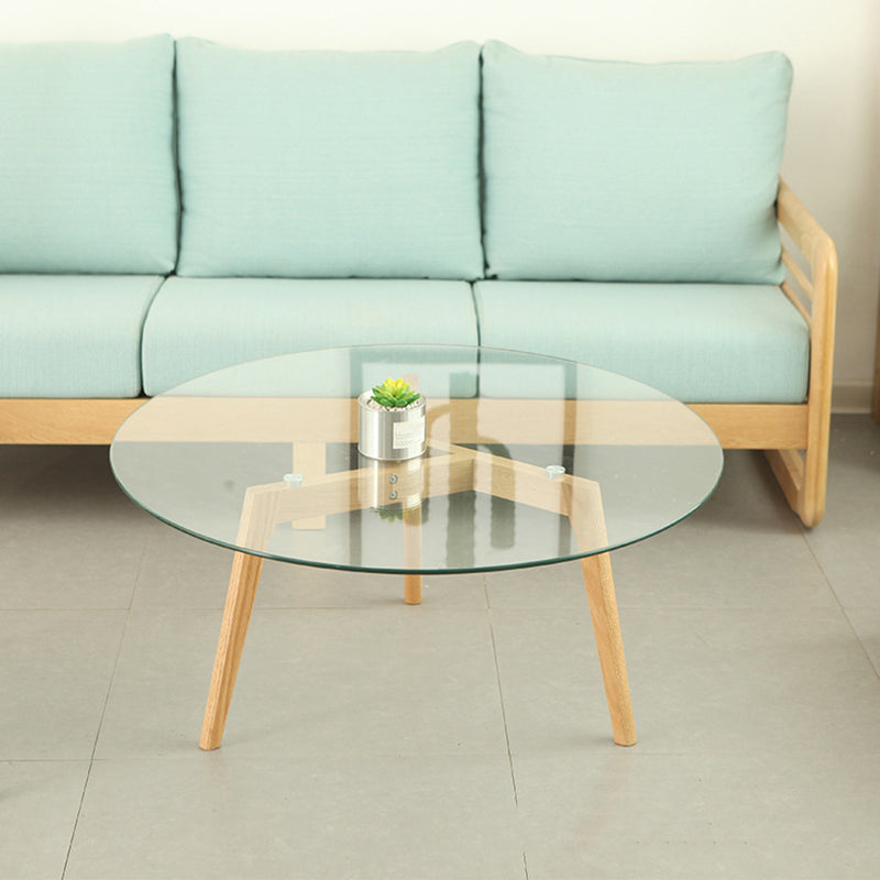 13.7/17.7"H Wooden Base 3 Legs Glass Top Round Coffee Table for Apartment