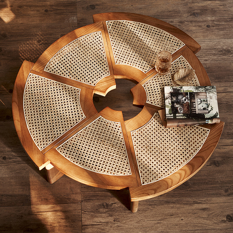 12.9"H Modern 6 Legs Wooden Rattan Round Coffee Table for Apartment
