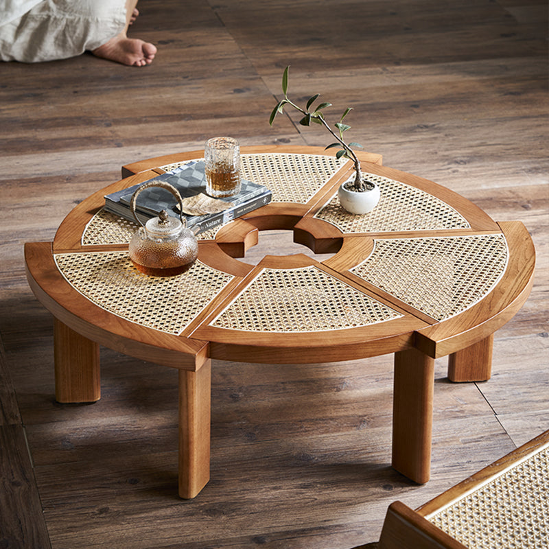 12.9"H Modern 6 Legs Wooden Rattan Round Coffee Table for Apartment