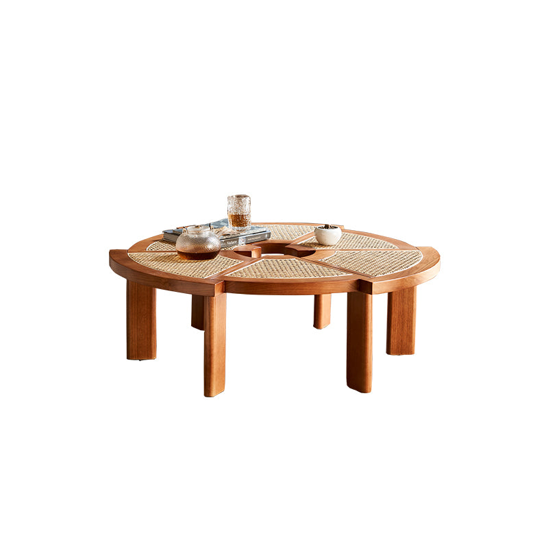 12.9"H Modern 6 Legs Wooden Rattan Round Coffee Table for Apartment