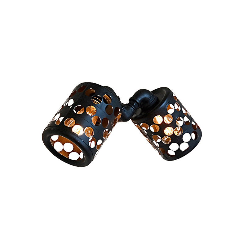 Cylinder Outdoor Wall Lighting Antiqued Iron 2 Heads Black Finish Wall Mount Sconce with Hollow Out Design