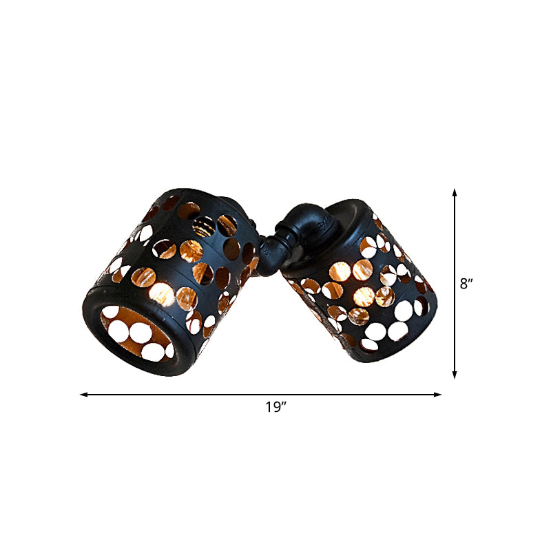 Cylinder Outdoor Wall Lighting Antiqued Iron 2 Heads Black Finish Wall Mount Sconce with Hollow Out Design