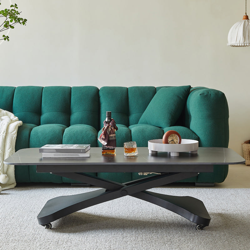 17.7"H Modern Adjustable Metal Cross Base Slate Square Coffee Table on Wheels