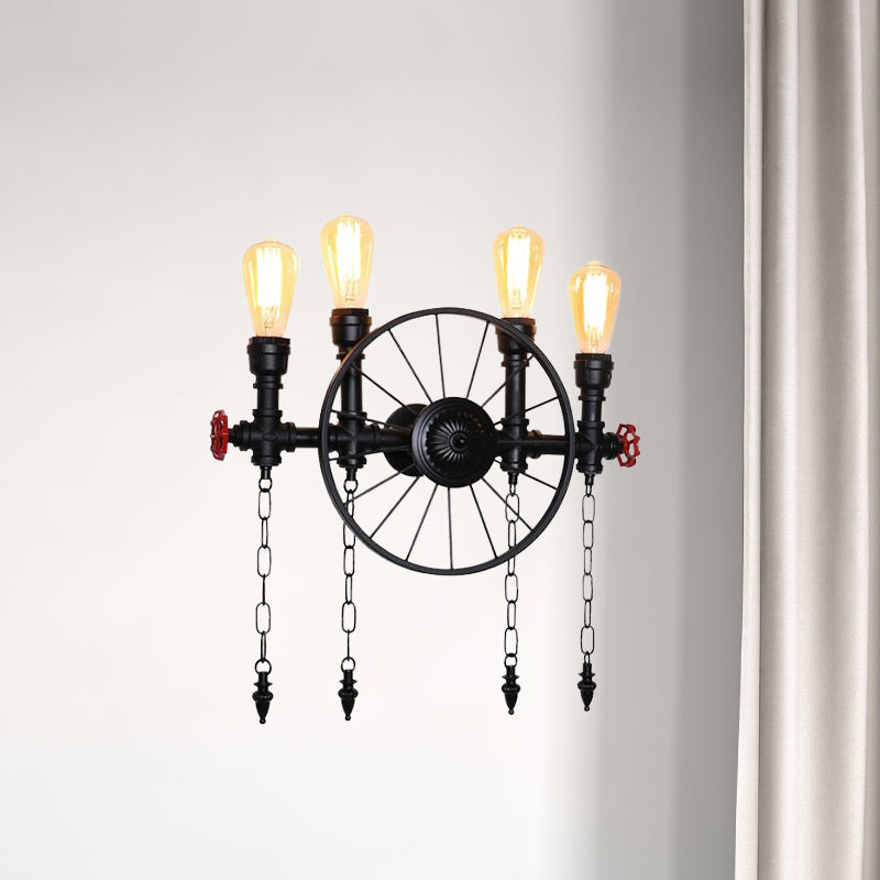 Wheel Metal Wall Lighting Fixture Farmhouse 4-Light Corridor Wall Mount Sconce in Black with Chain