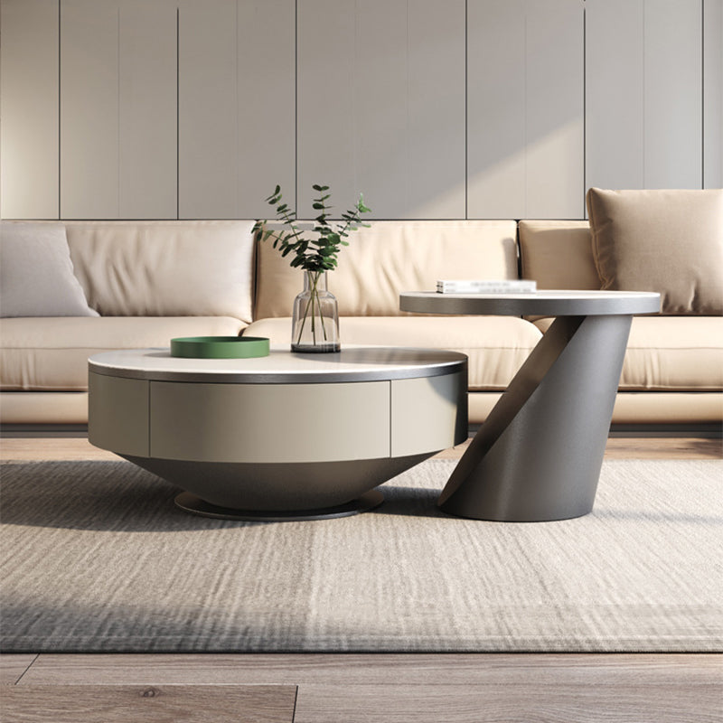 Pedestal Design Grey/gold Slate Top Stainless Steel Pedestal Round Coffee Table