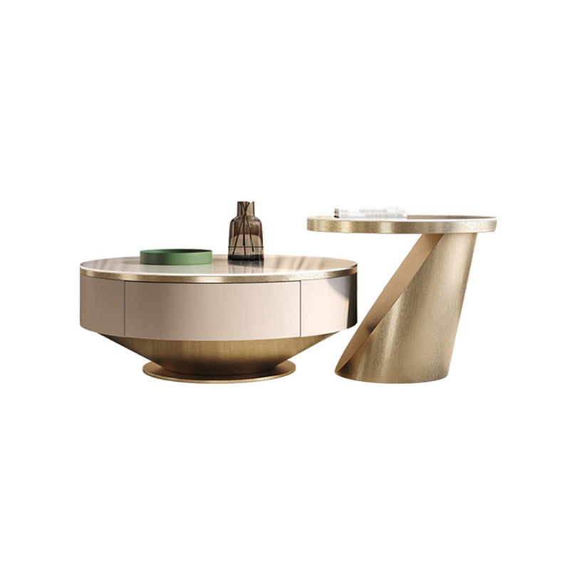 Pedestal Design Grey/gold Slate Top Stainless Steel Pedestal Round Coffee Table