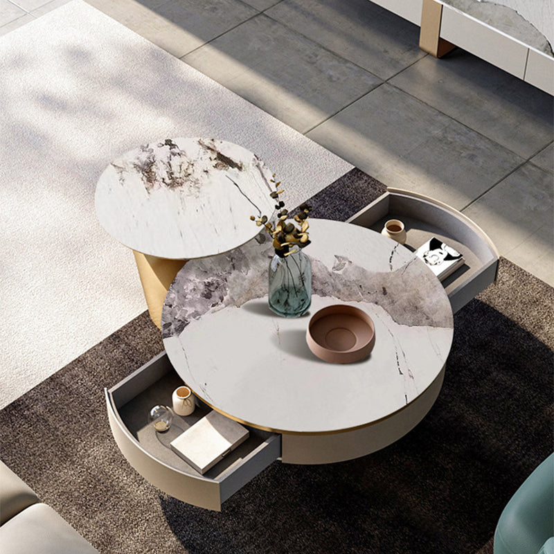 Pedestal Design Grey/gold Slate Top Stainless Steel Pedestal Round Coffee Table