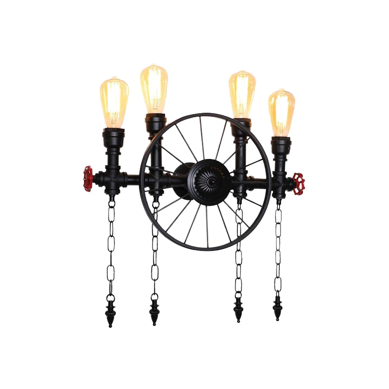 Wheel Metal Wall Lighting Fixture Farmhouse 4-Light Corridor Wall Mount Sconce in Black with Chain