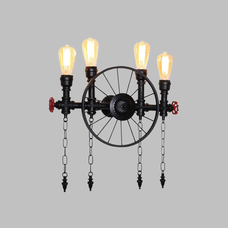 Wheel Metal Wall Lighting Fixture Farmhouse 4-Light Corridor Wall Mount Sconce in Black with Chain
