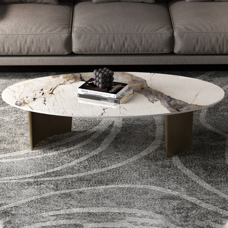 14.9"H Modern Style Sled Metal Base Round Slate Coffee Table for Living Room