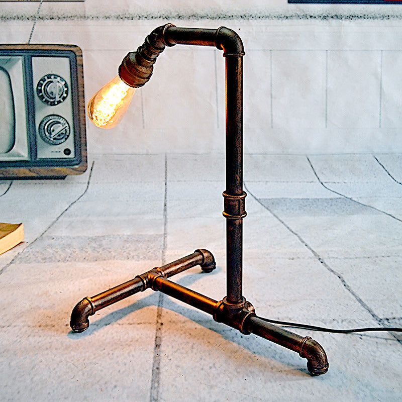 1 Bulb Curved Pipe Table Lamp Farmhouse Rust Finish Metal Night Lighting with Plug In Cord