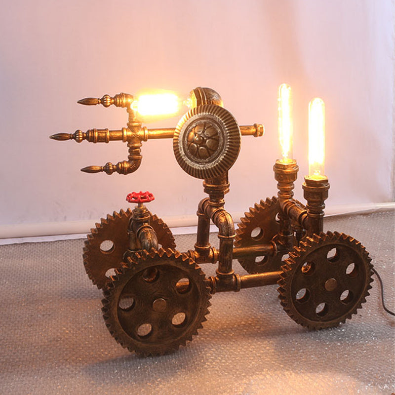 3-Light Iron Nightstand Light Industrial Brass Finish War Chariot Shaped Coffee House Table Lamp with Plug-In Cord
