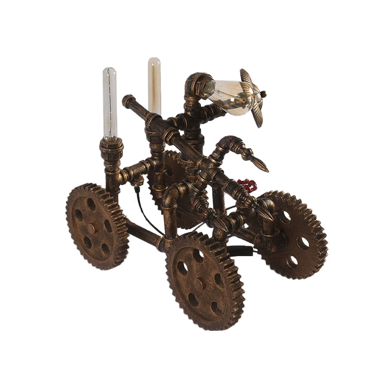 3-Light Iron Nightstand Light Industrial Brass Finish War Chariot Shaped Coffee House Table Lamp with Plug-In Cord