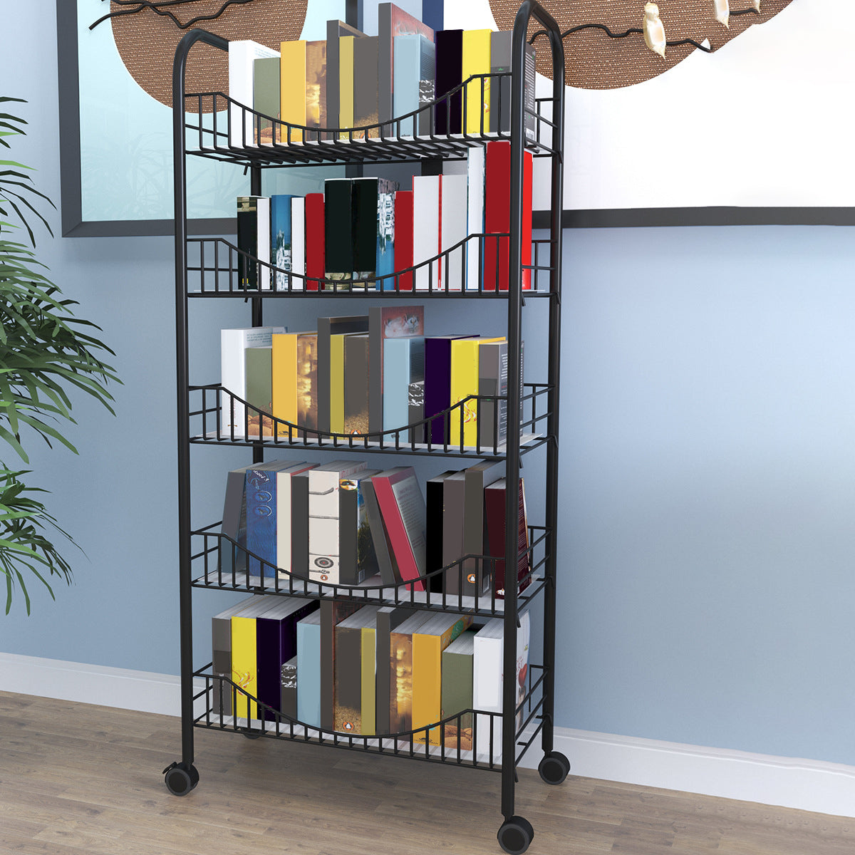 Contemporary Style Bookshelf Open Shelf Bookcase for Study Room Office with Casters