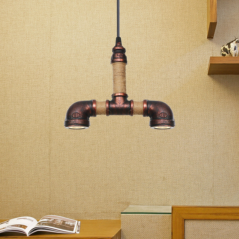 Pipe Corridor Hanging Chandelier Industrial Iron 2 Lights Rust Finish LED Suspended Pendant Lamp