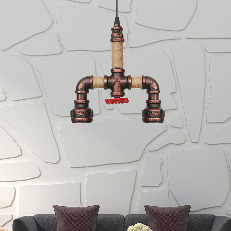 Pipe Corridor Hanging Chandelier Industrial Iron 2 Lights Rust Finish LED Suspended Pendant Lamp