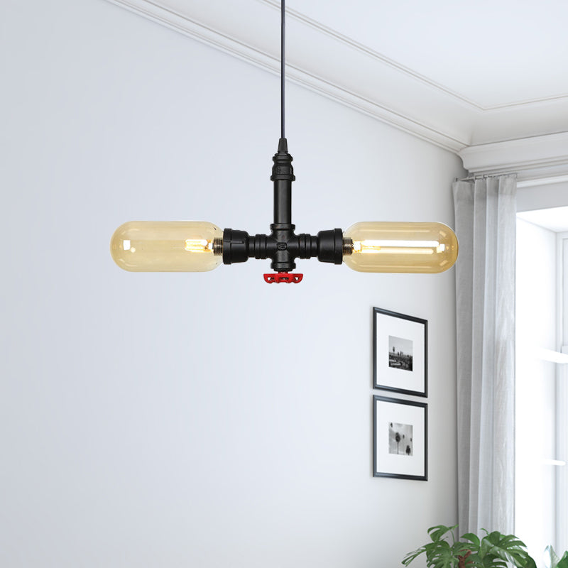 Amber Glass Black Suspension Light Pill Capsule 2-Light Industrial LED Chandelier Pendant Lamp