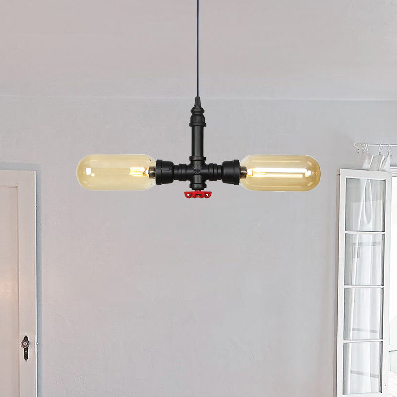 Amber Glass Black Suspension Light Pill Capsule 2-Light Industrial LED Chandelier Pendant Lamp