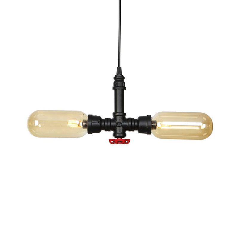 Amber Glass Black Suspension Light Pill Capsule 2-Light Industrial LED Chandelier Pendant Lamp