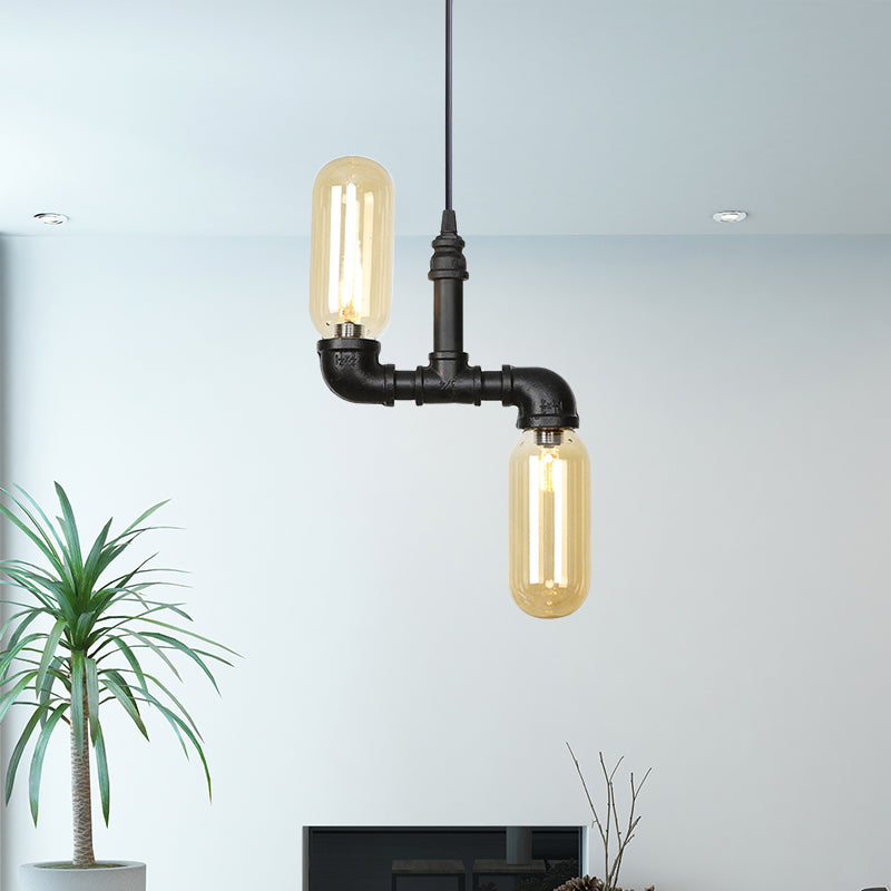 Amber Glass Black Suspension Light Pill Capsule 2-Light Industrial LED Chandelier Pendant Lamp