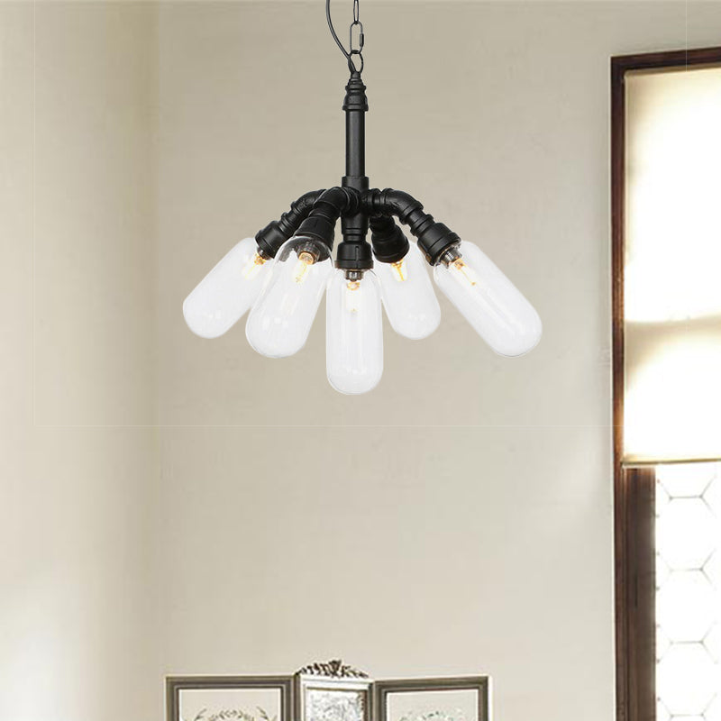 Black Piping Chandelier Lighting Industrial Iron 2/4/5 Bulbs Coffee House Pendant Lamp with Pill Capsule Clear Glass Shade