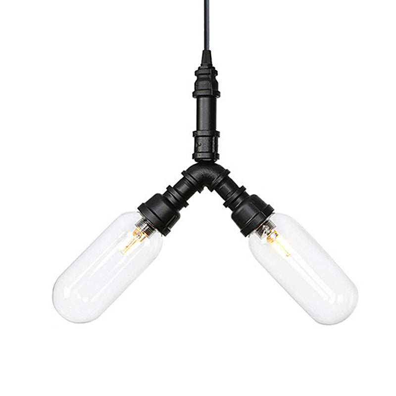 Vintage Water Pipe Chandelier Pendant Light 2/3/4-Light Iron LED Hanging Ceiling Lamp in Black with Capsule Clear Glass Shade