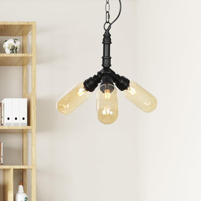 2/3/5 Heads Metal Hanging Light Kit Antiqued Black Finish Sputnik Pipe Bar Chandelier with Capsule Amber Glass Shade