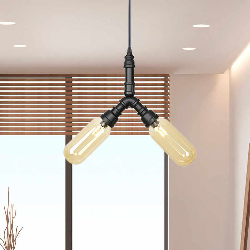 2/3/5 Heads Metal Hanging Light Kit Antiqued Black Finish Sputnik Pipe Bar Chandelier with Capsule Amber Glass Shade