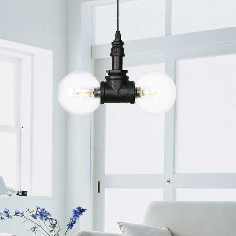 2/3/4-Bulb Globe Pendant Chandelier Industrial Black Clear Glass LED Suspension Light with Pipe Design