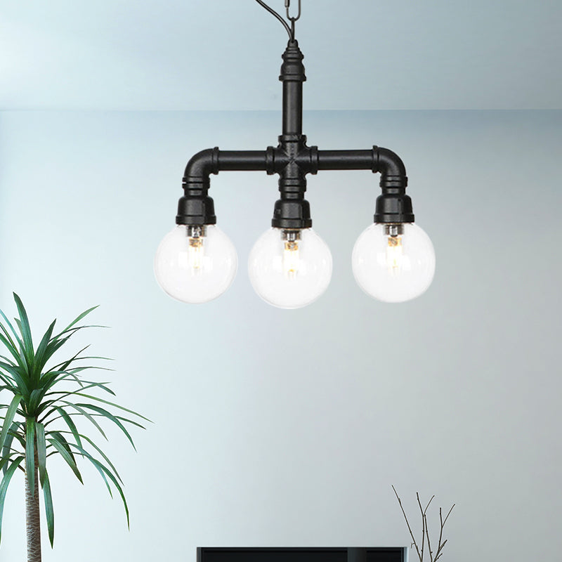 Metallic Black Hanging Lighting Piping 3/4 Heads Vintage LED Chandelier Pendant Lamp with Ball Clear Glass Shade for Bar
