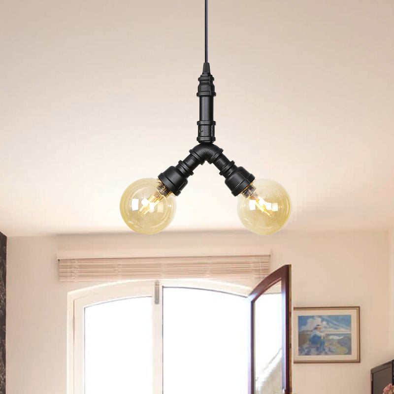 2/3/4-Bulb Chandelier Antiqued Coffee House LED Ceiling Pendant Light with Sphere Amber Glass Shade in Black