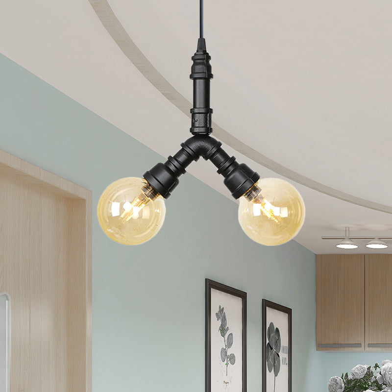 2/3/4-Bulb Chandelier Antiqued Coffee House LED Ceiling Pendant Light with Sphere Amber Glass Shade in Black