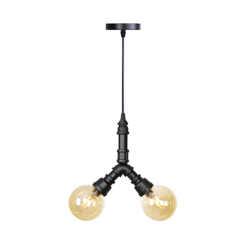 2/3/4-Bulb Chandelier Antiqued Coffee House LED Ceiling Pendant Light with Sphere Amber Glass Shade in Black