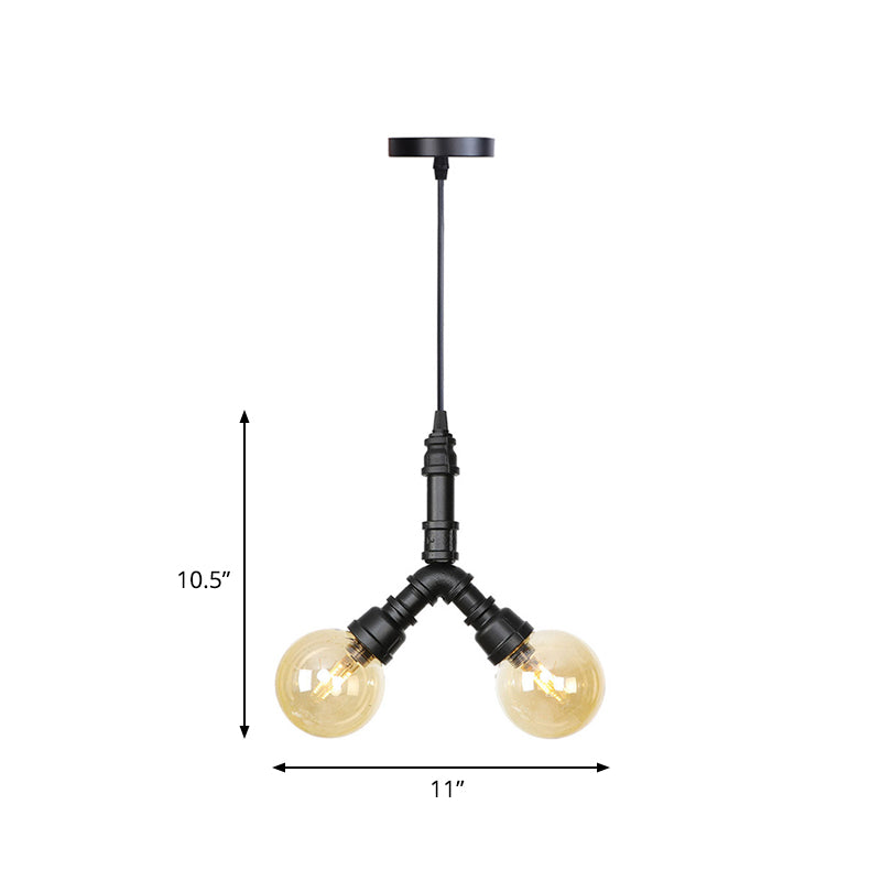 2/3/4-Bulb Chandelier Antiqued Coffee House LED Ceiling Pendant Light with Sphere Amber Glass Shade in Black