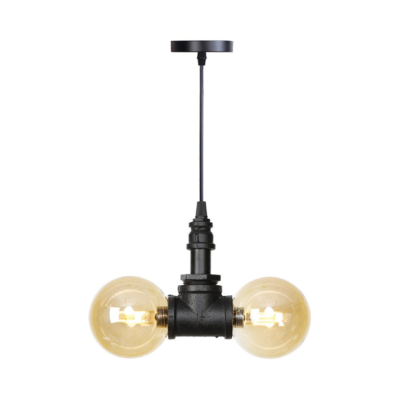 2/3/4-Bulb Chandelier Antiqued Coffee House LED Ceiling Pendant Light with Sphere Amber Glass Shade in Black
