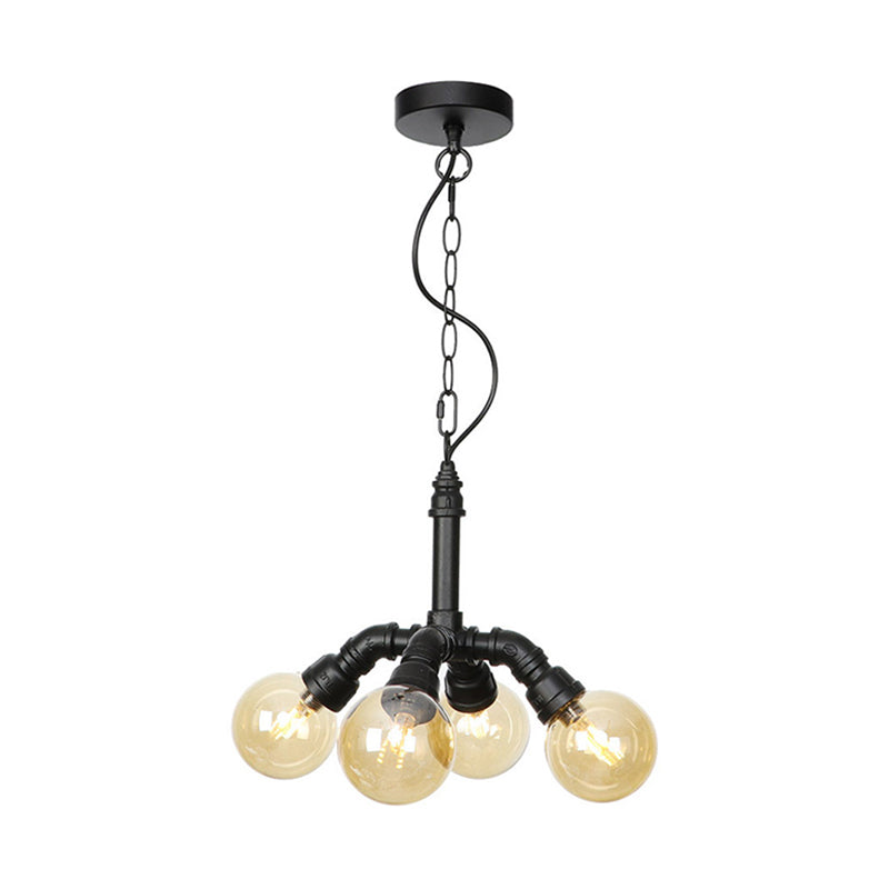 2/3/4-Bulb Chandelier Antiqued Coffee House LED Ceiling Pendant Light with Sphere Amber Glass Shade in Black
