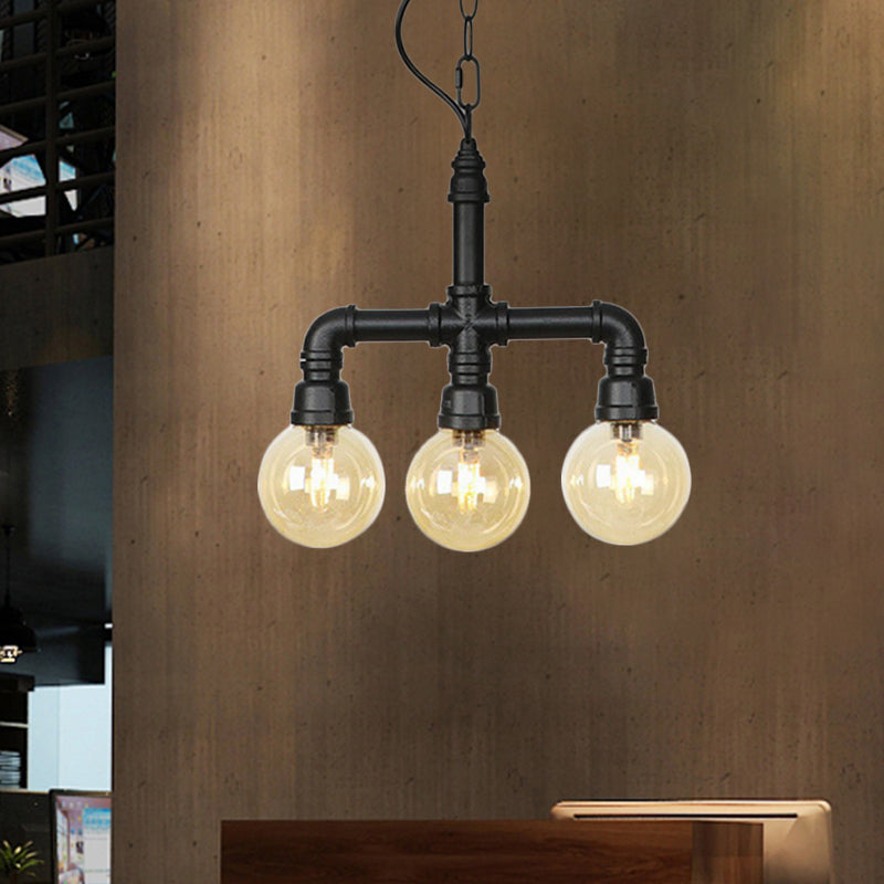 Ball Amber Glass Pendant Light Industrial 3/4 Lights Restaurant LED Ceiling Chandelier in Black with Pipe Arm