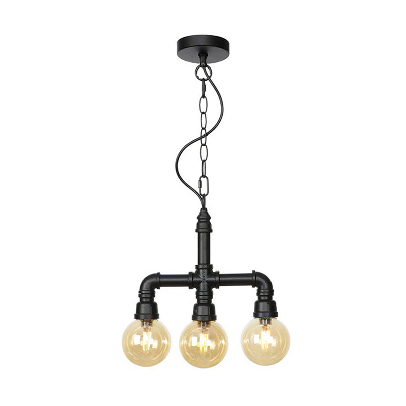 Ball Amber Glass Pendant Light Industrial 3/4 Lights Restaurant LED Ceiling Chandelier in Black with Pipe Arm