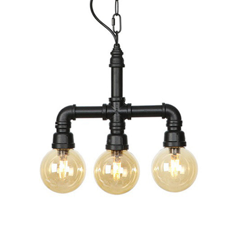 Ball Amber Glass Pendant Light Industrial 3/4 Lights Restaurant LED Ceiling Chandelier in Black with Pipe Arm