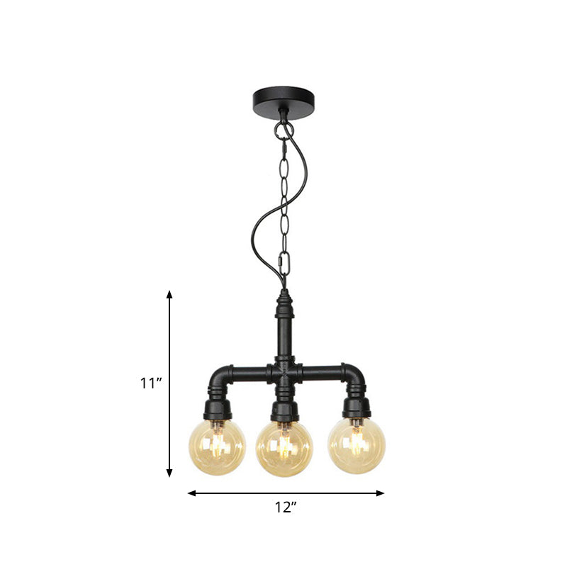 Ball Amber Glass Pendant Light Industrial 3/4 Lights Restaurant LED Ceiling Chandelier in Black with Pipe Arm