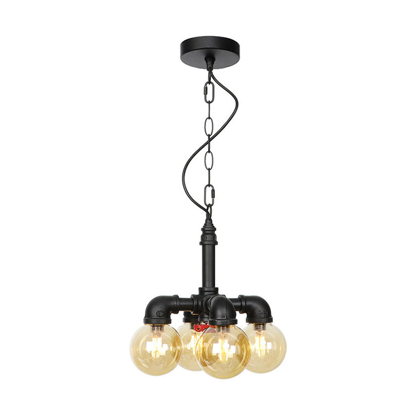 Ball Amber Glass Pendant Light Industrial 3/4 Lights Restaurant LED Ceiling Chandelier in Black with Pipe Arm