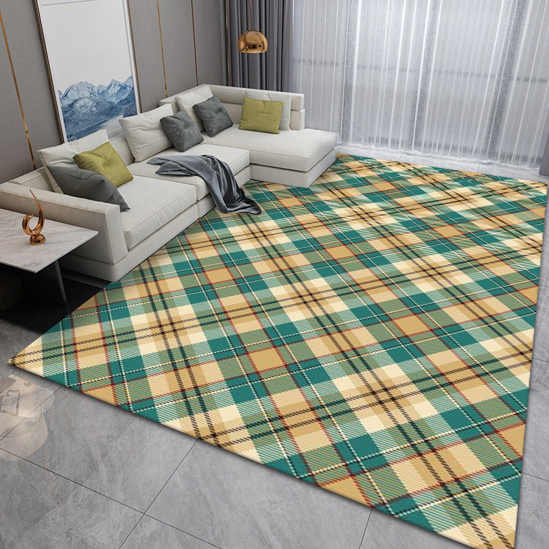 Green Casual Rug Polyester Check Pattern Rug Stain Resistant Rug for Home Decor