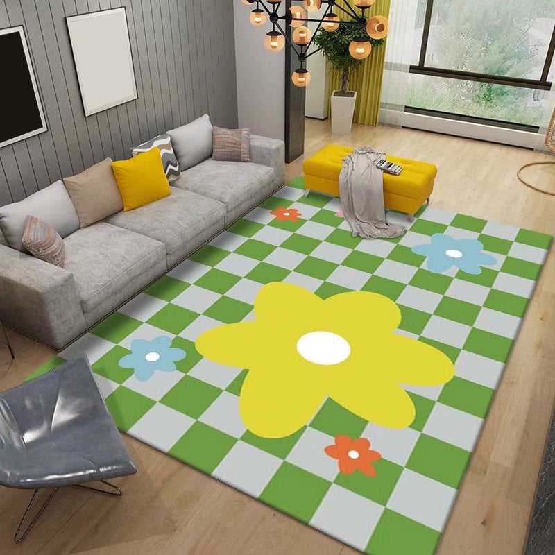 Green Lattice Print Rug Polyester Modern Washable Rug Non-Slip Backing Rug for Living Room