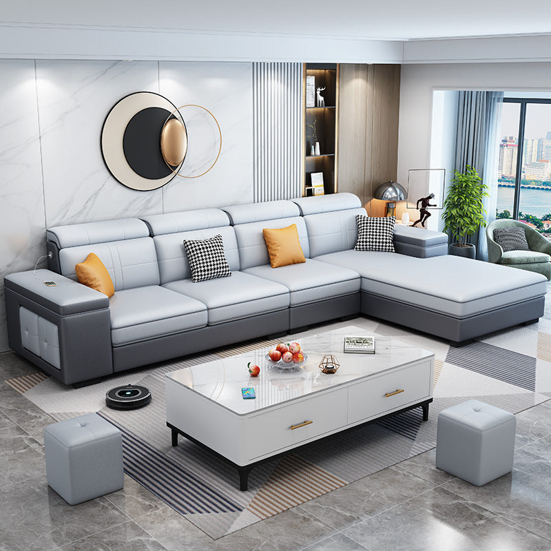 Contemporary Blue Faux Leather Sofa & Chaise for Living Room
