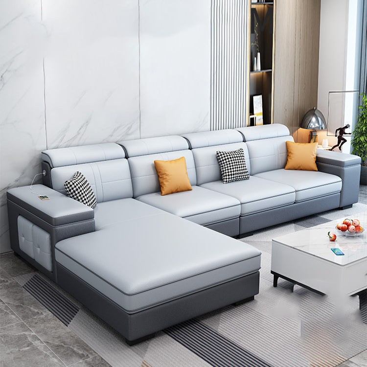 Contemporary Blue Faux Leather Sofa & Chaise for Living Room