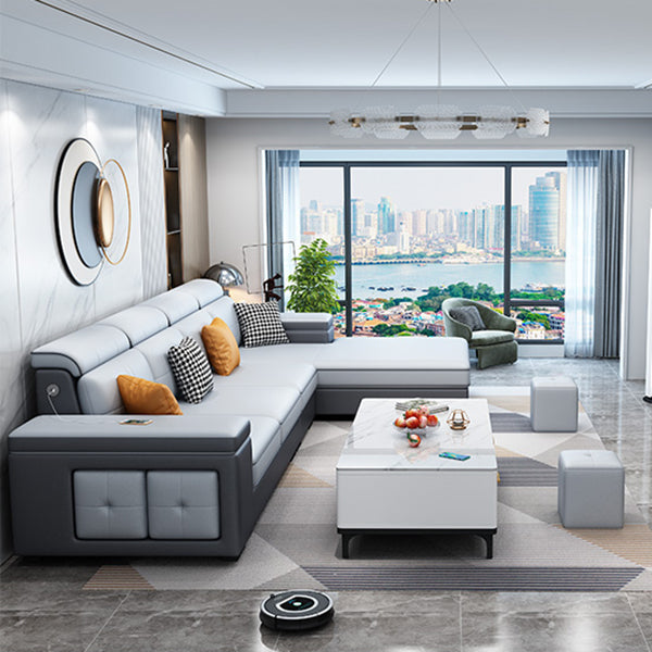 Contemporary Blue Faux Leather Sofa & Chaise for Living Room