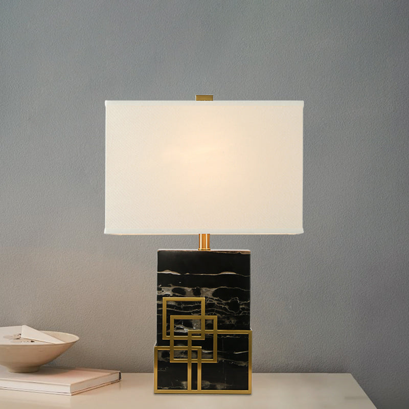 Fabric Shaded Table Lamp Modern 1 Bulb White Desk Light with Black Rectangle Marble Base