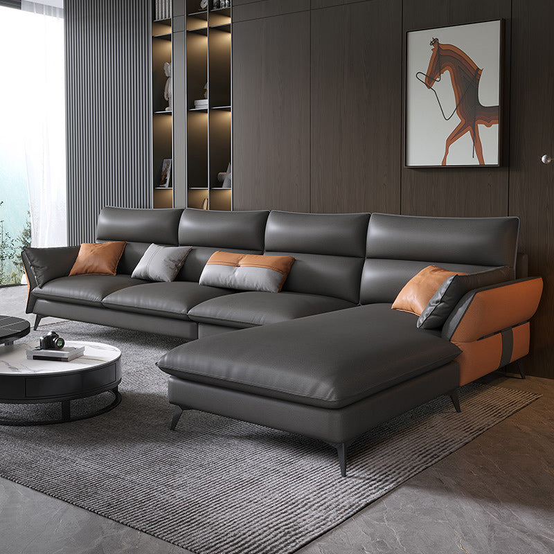 Vintage Sewn Pillow Back Sofa & Chaise 4-seat Faux Leather Sofa